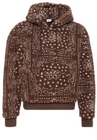 Brown hooded sweatshirt in fuzzy material, featuring a white pattern and a front pocket. Includes drawstrings and ribbed cuffs and hem.