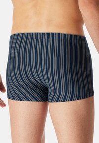 Marineblauwe zwembroek met verticale crèmekleurige strepen, met een strakke pasvorm en een elastische tailleband. Het materiaal lijkt rekbaar en soepel.