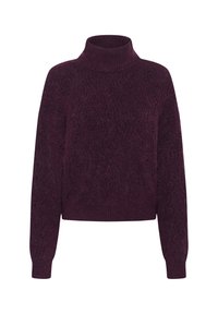 Fioletowy sweter z golfem, o grubym splocie, skróconym kroju i długich rękawach. Teksturowany materiał z prążkowanymi mankietami.