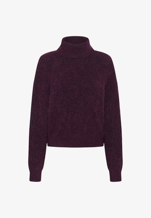 Violets krekls ar augstu apkakli, ar masīvu adījuma rakstu, īsās griezuma un garajām piedurknēm. Tekstūrēta auduma ar ribām piedurknēm.