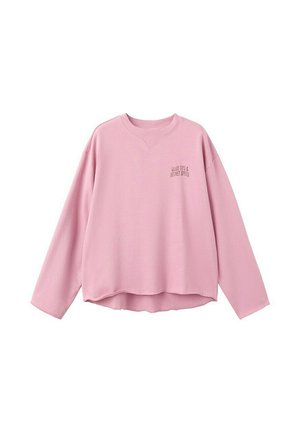 Sweatshirt rose à manches longues avec col rond, coupe décontractée et petit texte sur la poitrine indiquant "GOOD TIPS & SECRET SPOTS" sur fond blanc.