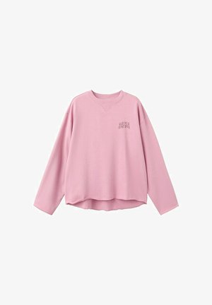 Lyserød langærmet sweatshirt med rund hals og løs pasform, med lille tekst på brystet der lyder "GOOD TIPS & SECRET SPOTS" på hvid baggrund.