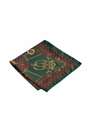 Folded green silk scarf with a brown border featuring gold chain and saddle designs and small circular patterns.
