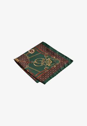 Folded green silk scarf with a brown border featuring gold chain and saddle designs and small circular patterns.