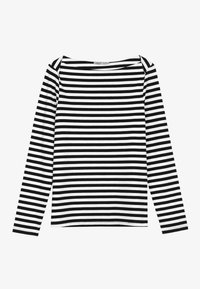 Langærmet skjorte lavet af blødt stof med sort og hvidt horisontalt stribet mønster, bred halsudskæring og slank pasform.