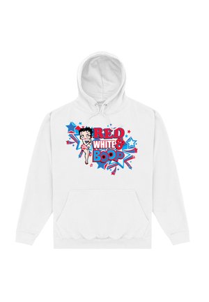 Biała bluza z kapturem z grafiką z napisem "CZERWONY, BIAŁY I BOOP", w kolorach różowym i niebieskim, oraz postacią otoczoną gwiazdami.