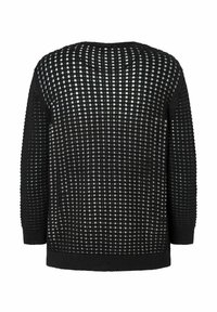 Schwarzer Strickpullover mit lockerem, offenem Strickmuster, langen Ärmeln und geripptem Saum. Verfügt über einen runden Ausschnitt und eine strukturierte Stoffoberfläche.