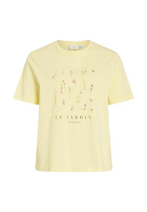 T-shirt jaune clair à manches courtes avec des illustrations florales et le texte "LE JARDIN dancing flowers" au centre devant.