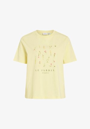 Lichtgele T-shirt met korte mouwen, versierd met bloemillustraties en de tekst "LE JARDIN dancing flowers" in het midden aan de voorkant.