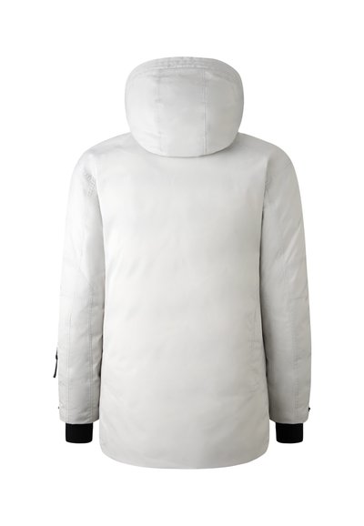 Light gray hooded jacket with a smooth, shiny texture. Features zippered side pockets and elastic cuffs for a snug fit.