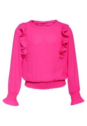 Jasnoróżowa bluzka z długim rękawem, z falbankami z przodu i na rękawach, ze ściągaczami na dole i przy mankietach oraz z zapięciem na guziki z tyłu przy kołnierzu.