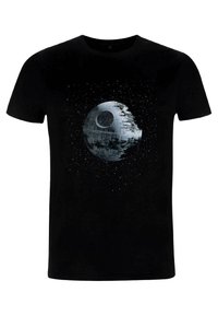 T-shirt in cotone nero con una grande grafica di una Morte Nera grigia, circondata da piccole stelle bianche, creando un design a tema spaziale.