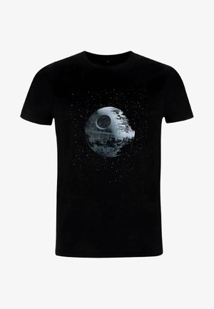 Sort bomuld t-shirt med et stort grafik af en Dødsstjerne i grå, omkranset af små hvide stjerner, hvilket skaber et rum-tema design.