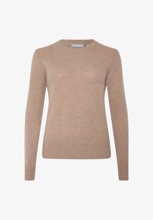 Beige gebreide trui met een ronde halslijn, lange mouwen, geribbelde manchetten en zoom, met een zachte textuur en een minimalistisch ontwerp.