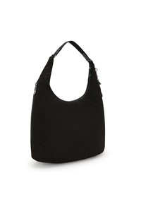 Borsa a spalla nera con un motivo geometrico testurizzato, forma curva e una sola tracolla. Presenta cerniere sui lati per una chiusura sicura.