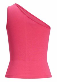 Top asimétrico rosa hecho de una tela suave, con un diseño de un solo hombro y una forma ajustada con un dobladillo recto.