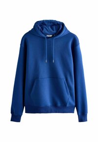 Blauer Kapuzenpullover aus weichem Stoff. Mit einer vorderen Tasche, Kordeln und gerippten Bündchen an den Ärmeln und am Saum.
