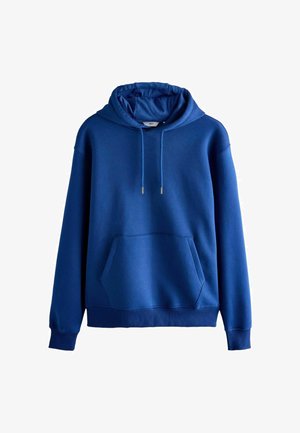 Kék kapucnis pulóver puha anyagból. Elülső zsebből, zsinórokból, valamint bordás mandzsettákból áll a karokon és a derékon.