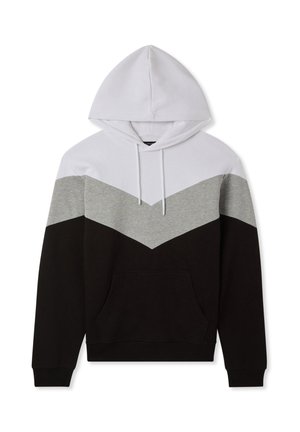 Felpa con cappuccio caratterizzata da un motivo a zig zag in bianco, grigio e nero. Realizzata in tessuto morbido, con tasca frontale e cappuccio regolabile con cordino.