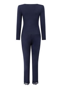 Bodysuit à manches longues bleu marine avec des accents en dentelle aux ouvertures des jambes, design ajusté, tissu doux et encolure arrondie.