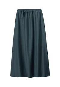 Jupe longue en satin teal foncé avec une taille élastique et un tissu lisse et fluide, présentée sur un fond blanc.