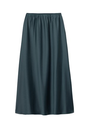 Jupe longue en satin teal foncé avec une taille élastique et un tissu lisse et fluide, présentée sur un fond blanc.