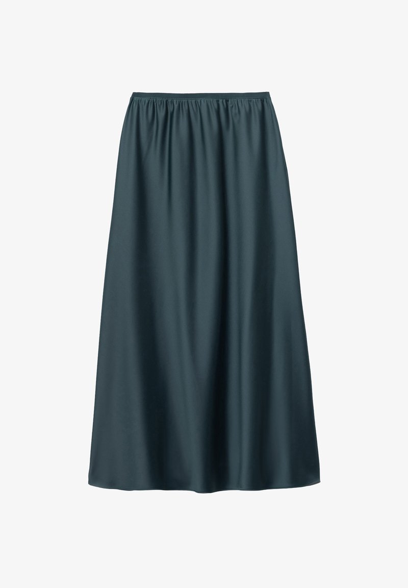 Long dark teal satin skirt with elastic waistband and smooth, flowing fabric, displayed on a white background.
