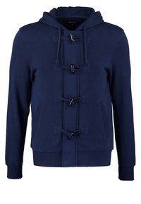 Sudadera con capucha azul marino hecha de tela suave, con cierres de botón, puños acanalados y bolsillos laterales para mayor funcionalidad.