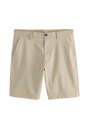 Pantaloncini beige casual alla lunghezza del ginocchio con bottone frontale, cerniera, passanti per cintura e tasche laterali, distesi su uno sfondo bianco.