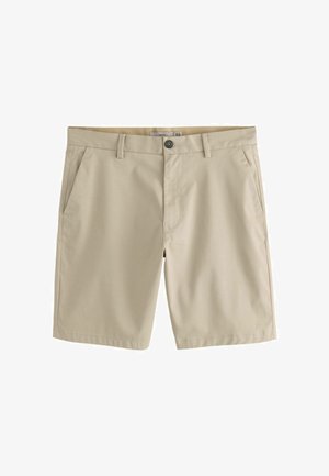 Pantaloncini beige casual alla lunghezza del ginocchio con bottone frontale, cerniera, passanti per cintura e tasche laterali, distesi su uno sfondo bianco.