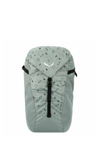 Lichtgrijze rugzak met geometrische patronen, verstelbare schouderbanden, voorvak met rits en een trekkoordsluiting aan de bovenkant. Duurzaam, lichtgewicht materiaal.