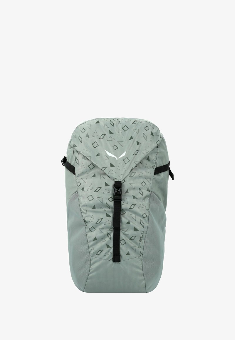 Lichtgrijze rugzak met geometrische patronen, verstelbare schouderbanden, voorvak met rits en een trekkoordsluiting aan de bovenkant. Duurzaam, lichtgewicht materiaal.