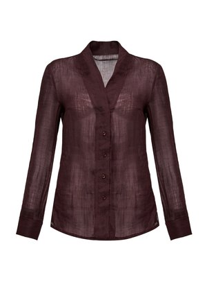 Camicia lunga bordeaux in lino leggero, con colletto a scialle, chiusura frontale con bottoni e una struttura leggermente trasparente.