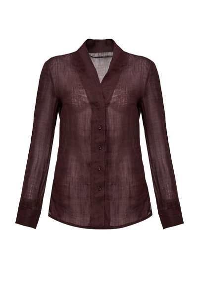 Burgundy long-sleeve shirt made of lightweight linen, featuring a shawl collar, button front closure, and a slightly sheer texture.