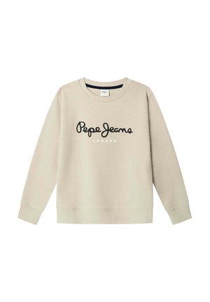 Beige Langarm-Pullover mit Rundhalsausschnitt und dem schwarz-weißen "Pepe Jeans London" Logo auf der Brust.