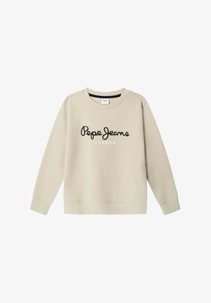 Beżowa bluza z długim rękawem i okrągłym dekoltem, z czarno-białym logo "Pepe Jeans London" na piersi.