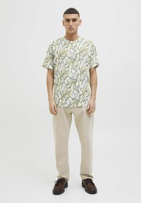 Tricou alb cu mânecă scurtă, decorat cu un model de frunze galbene și albastre. Asociat cu pantaloni bej și pantofi maro închis cu o talpă texturată.