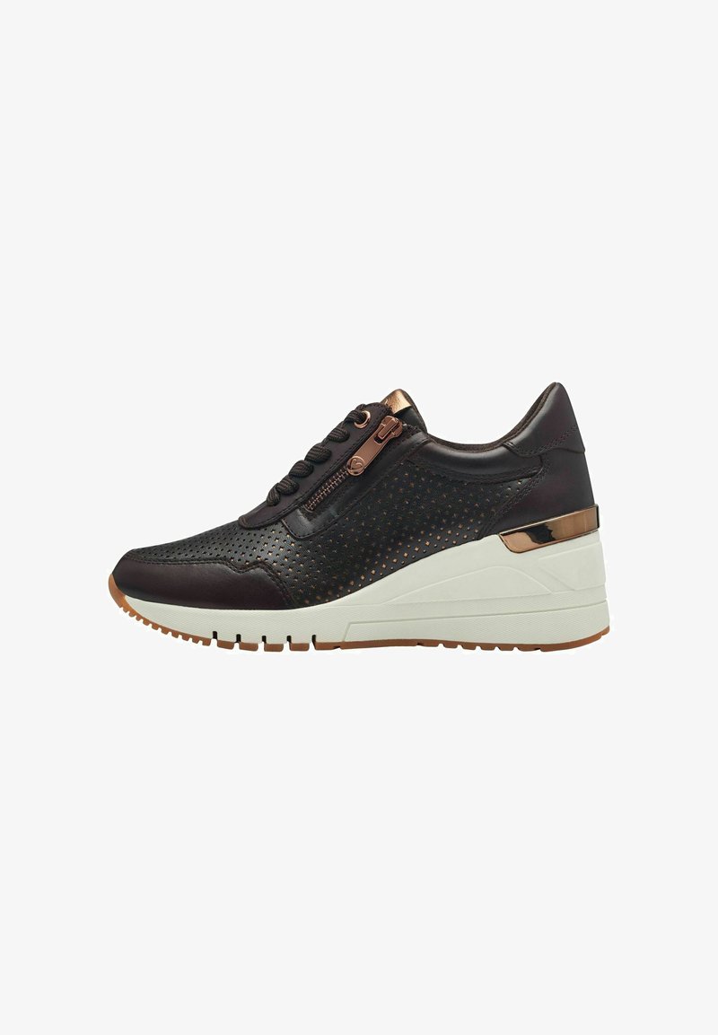 Black perforated leather sneaker with decorative zipper, contrasting white wedge sole, and metallic bronze accents. Features textured sides.