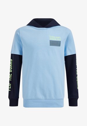Hellblauer Sweatshirt mit schwarzen langen Ärmeln und Kapuze, neongelber Schriftzug "SLIDING RAMPS GRINDING RAILS" auf der Brust und "FLIP THE BOARD" auf den Ärmeln.