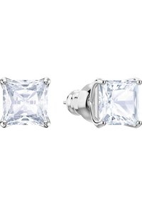 Brincos de stud quadrados em zirconita cúbica transparente, definidos em metal prateado com configurações de garras e superfícies polidas, apresentando um design clássico.