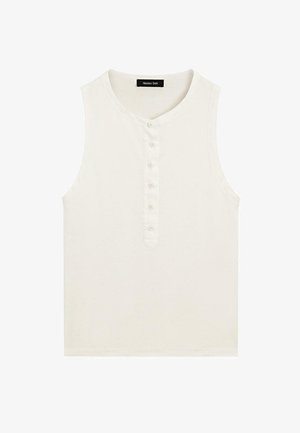 Weißes ärmelloses Oberteil aus weichem Stoff mit einem runden Ausschnitt und einer Knopfleiste mit sechs Knöpfen auf der Vorderseite.