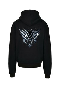 Sort hoodie med et stort sølv- og hvidt flammedesign på ryggen; har snor i hætten og ribbede manchetter og kant.