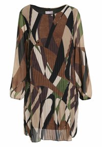 Pleated dress with long sleeves, featuring a geometric pattern in earthy tones of brown, green, and cream, and a round neckline.