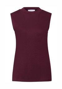 Top sin mangas burdeos con cuello alto, hecho de tejido suave. Presenta un diseño ajustado y costuras mínimas para una silueta limpia.