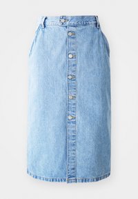 Hellblaue Jeansrock mit geradem Schnitt, vorderem Knopfverschluss und dezenten Nähten. V-förmiger Saum und keine sichtbaren Muster.