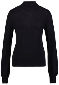 Schwarzer Langarm-Turtleneck-Pullover mit geripptem Kragen und Bündchen, der eine glatte Textur und eine taillierte Passform aufweist. Einheitliche Farbe über das gesamte Kleidungsstück.