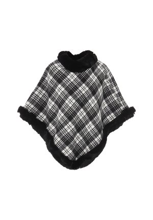 Zwart-witte geruite poncho met zwarte nepbonten rand rond de kraag en zoom, weergegeven op een witte achtergrond.