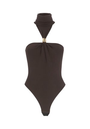 Body a collo alto senza maniche di colore marrone scuro con anelli decorativi dorati sul davanti del collo.