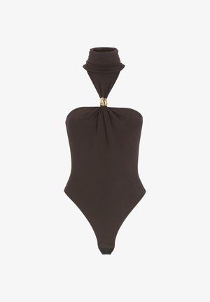 Body a collo alto senza maniche di colore marrone scuro con anelli decorativi dorati sul davanti del collo.