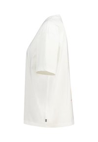 White cotton t-shirt with short sleeves, round neck, and a side seam label. Front features colorful graphic text design.